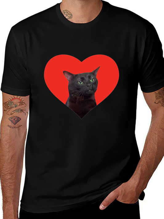 Cat Heart Graphic Tee - Black Cotton T-Shirt