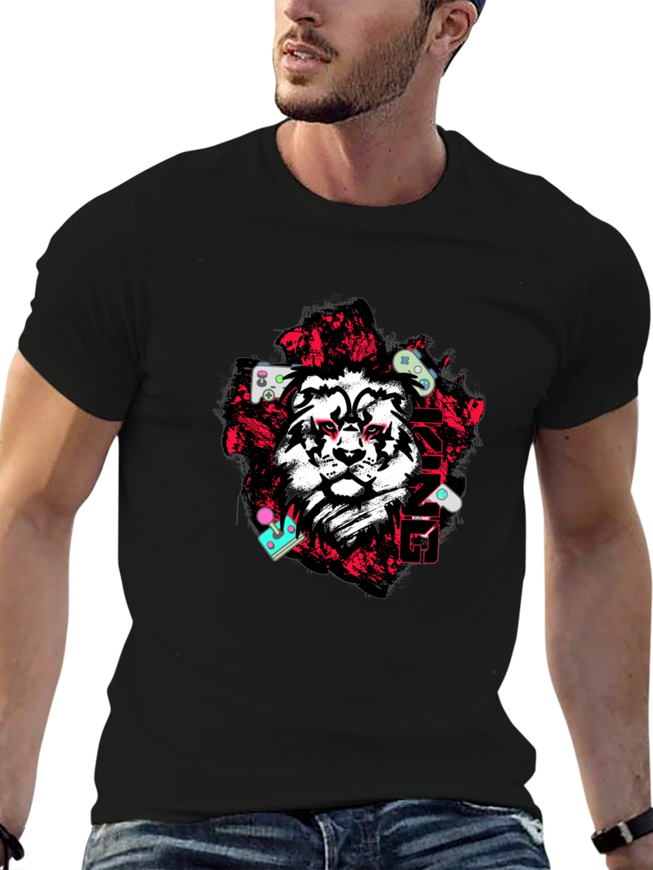 Lion Gamer Graphic Tee - Black Cotton Blend