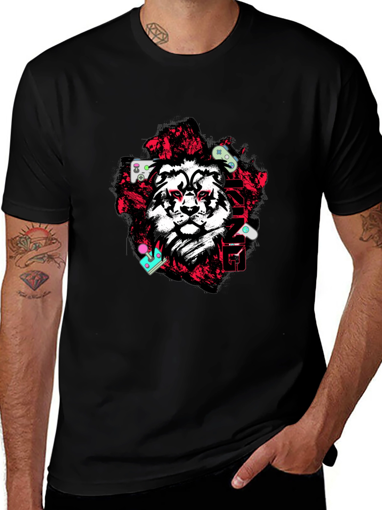 Lion Gamer Graphic Tee - Black Cotton Blend