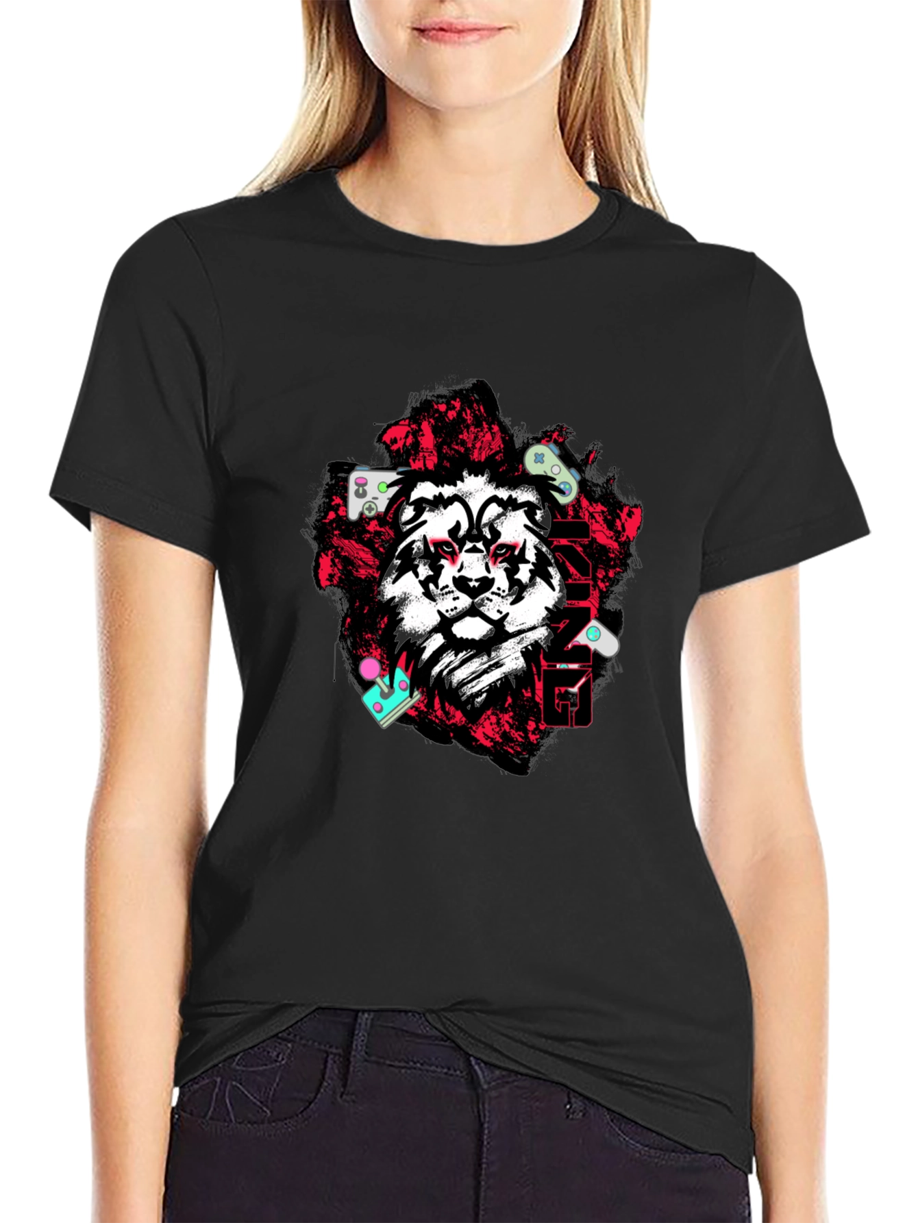 Lion Gamer Graphic Tee - Black Cotton Blend