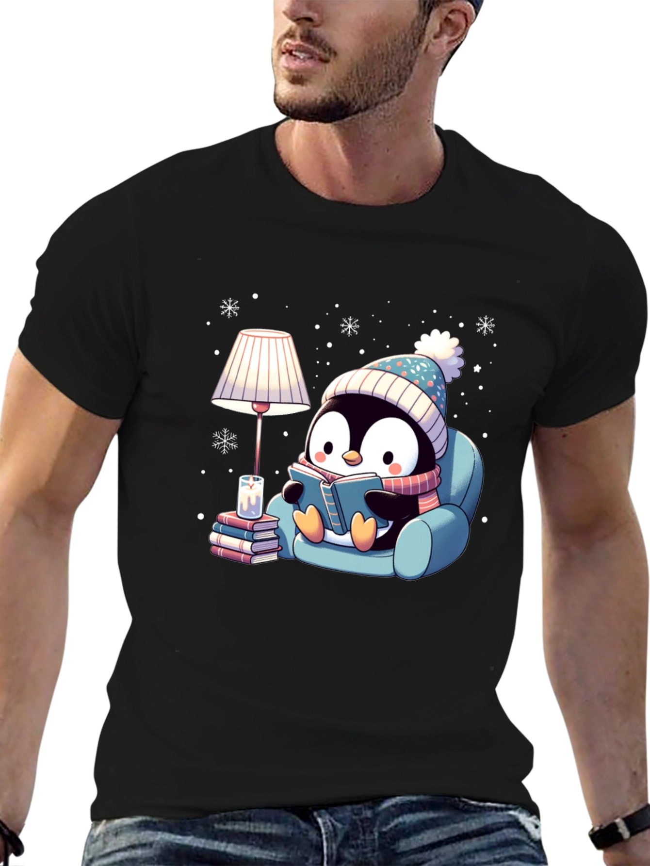 Cozy Penguin Reading Book Graphic Tee