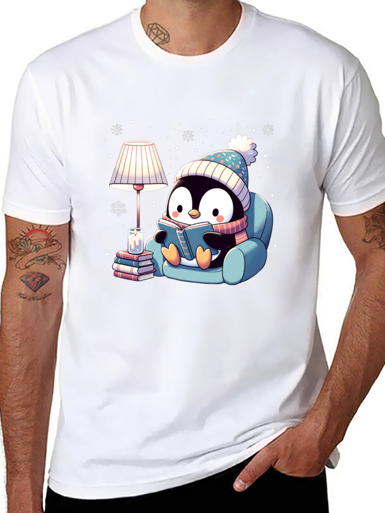 Cozy Penguin Reading Book Graphic Tee