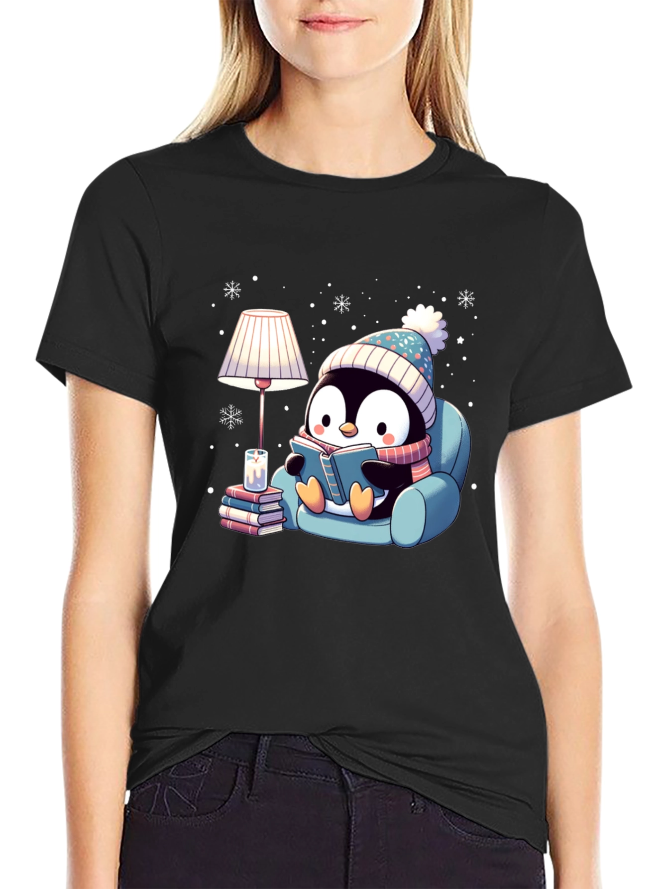 Cozy Penguin Reading Book Graphic Tee