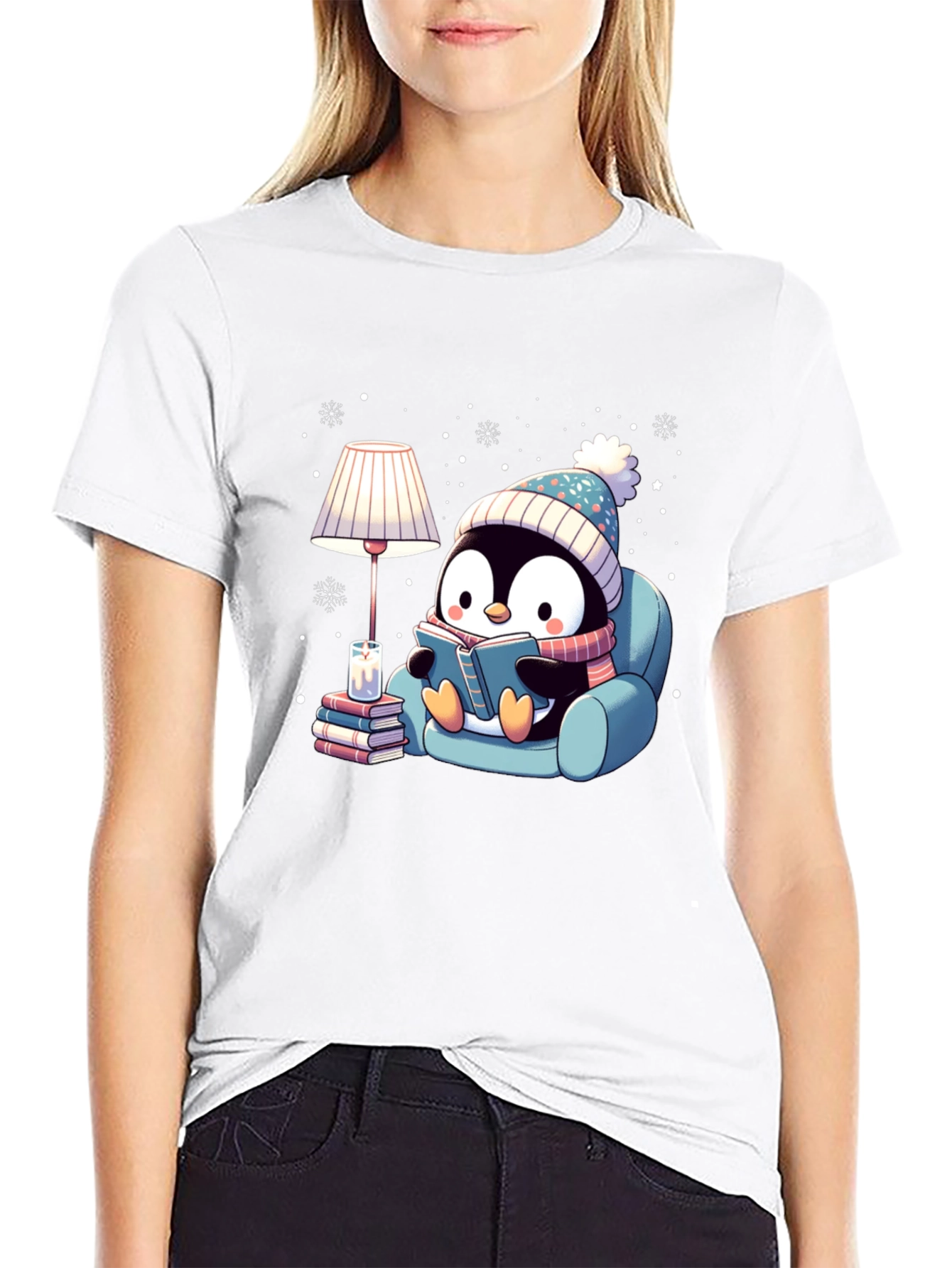 Cozy Penguin Reading Book Graphic Tee