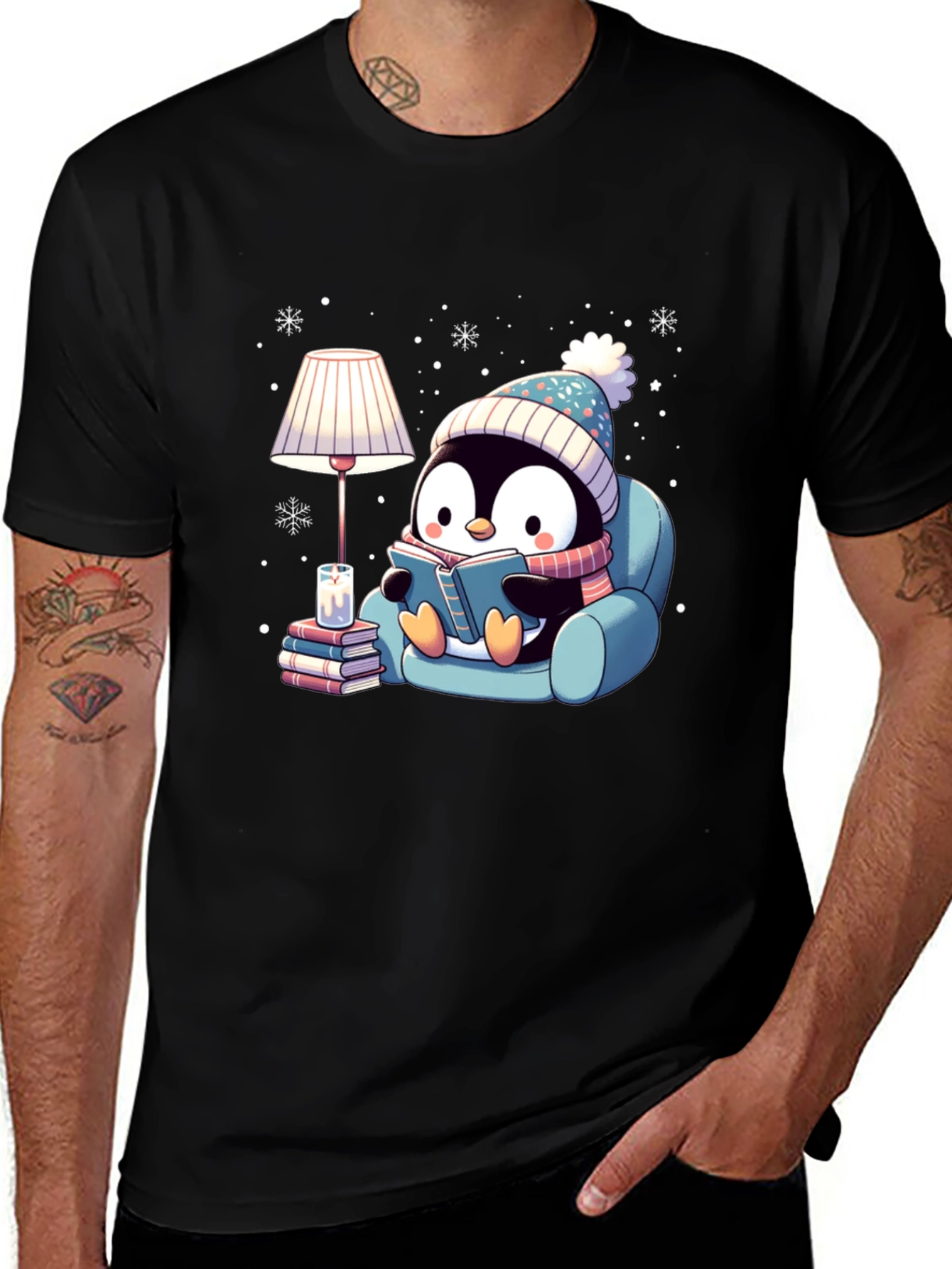 Cozy Penguin Reading Book Graphic Tee