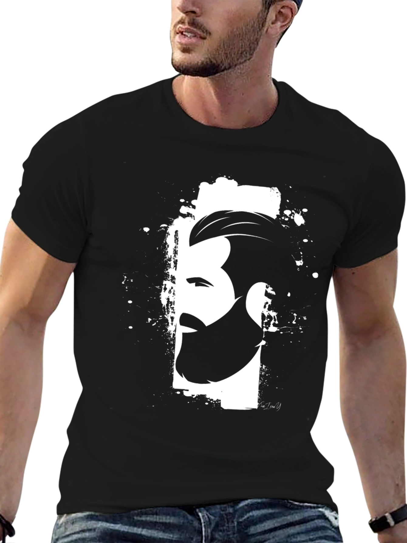 Mens Graphic Black T-Shirt - Bearded Profile Design