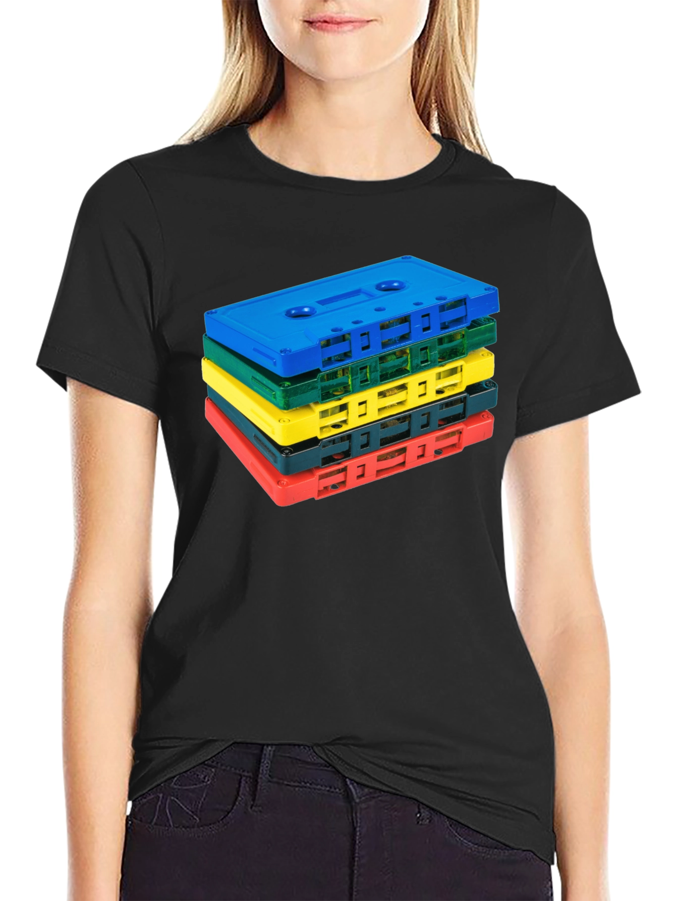Retro Cassette Tape Stack Graphic Tee - Black