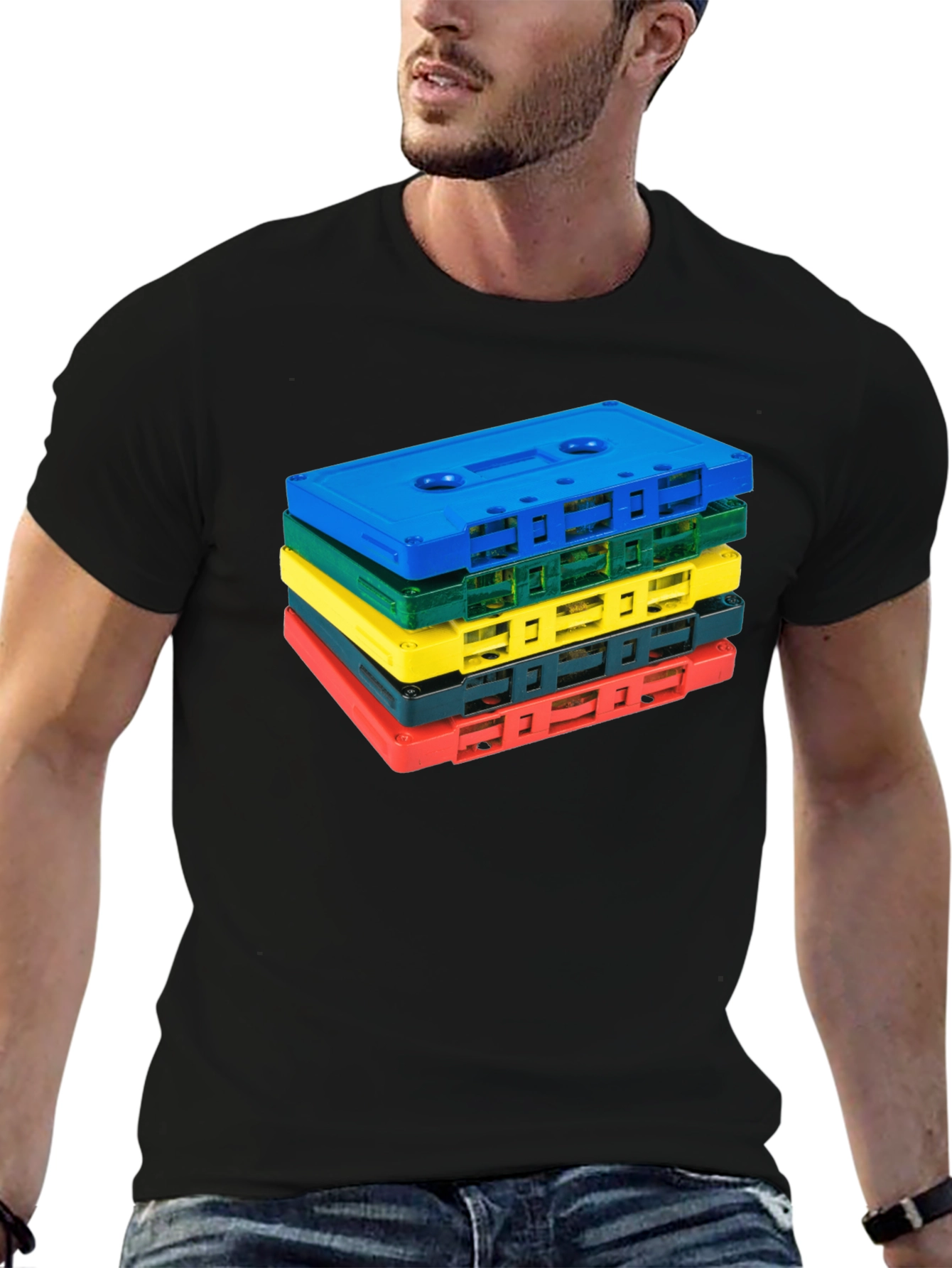 Retro Cassette Tape Stack Graphic Tee - Black