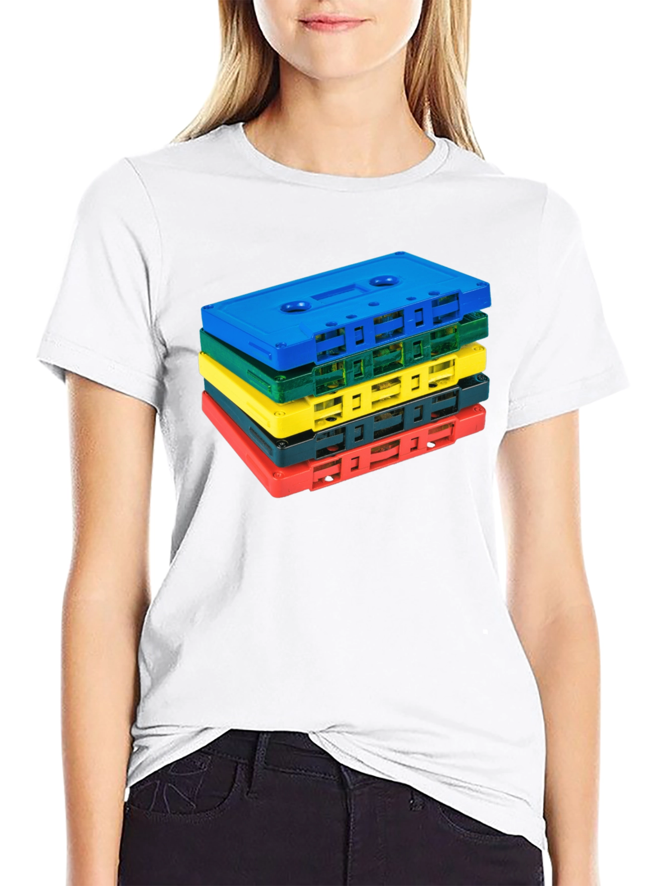 Retro Cassette Tape Stack Graphic Tee - Black