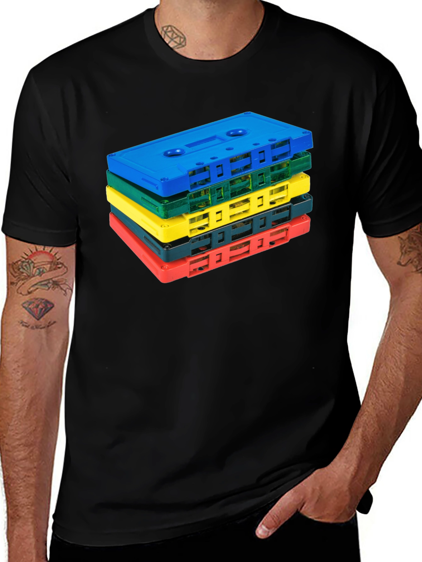 Retro Cassette Tape Stack Graphic Tee - Black