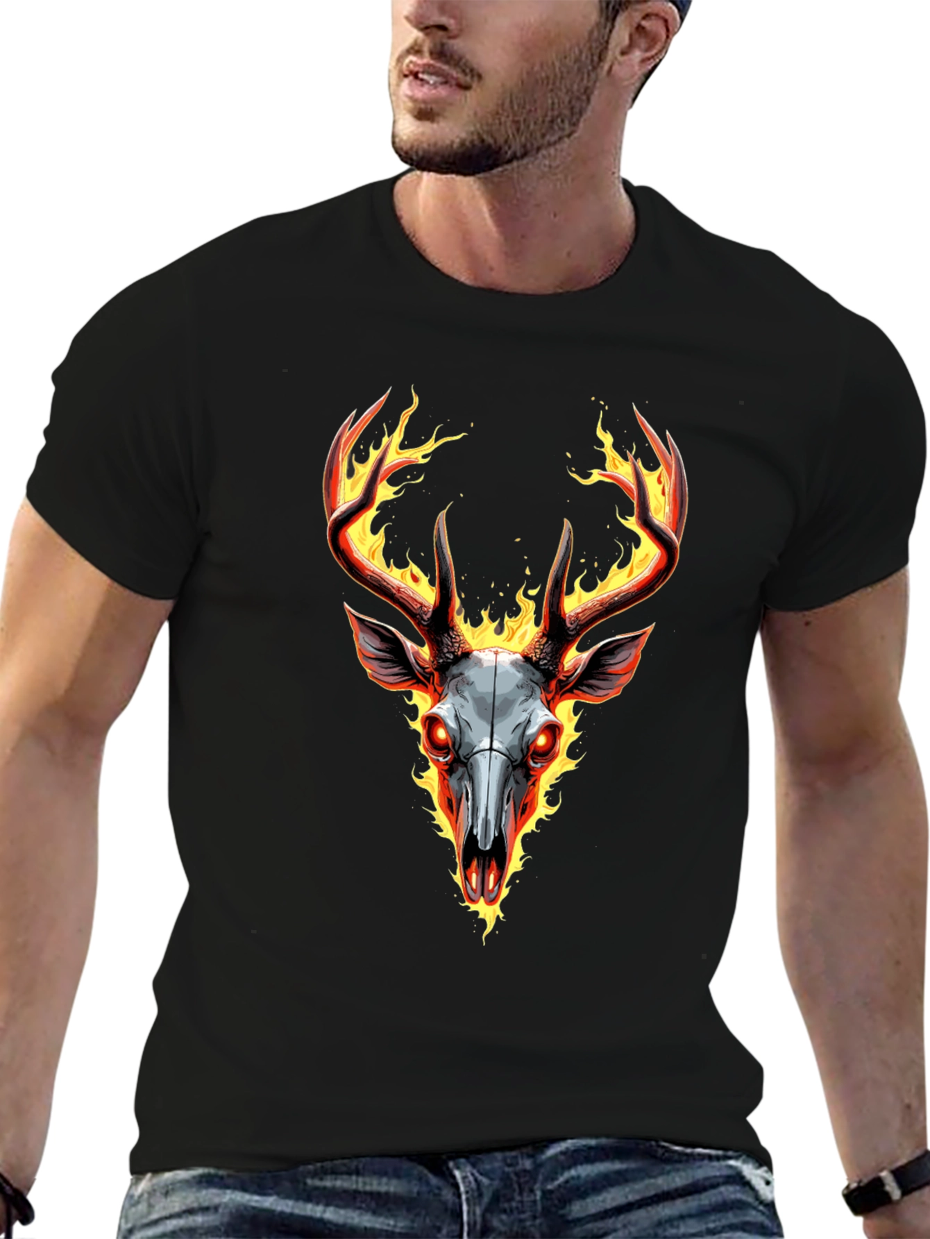 Flaming Deer Skull Graphic Tee
