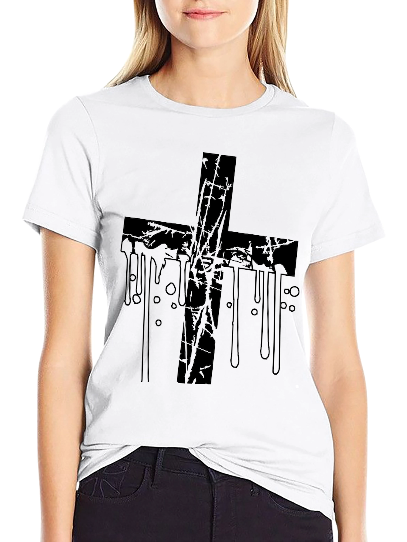 Grunge Cross Graphic Print Black T-Shirt