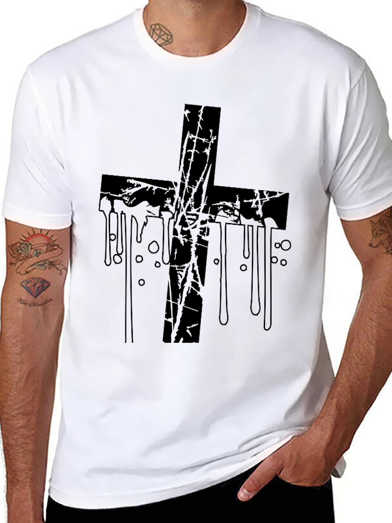 Grunge Cross Graphic Print Black T-Shirt