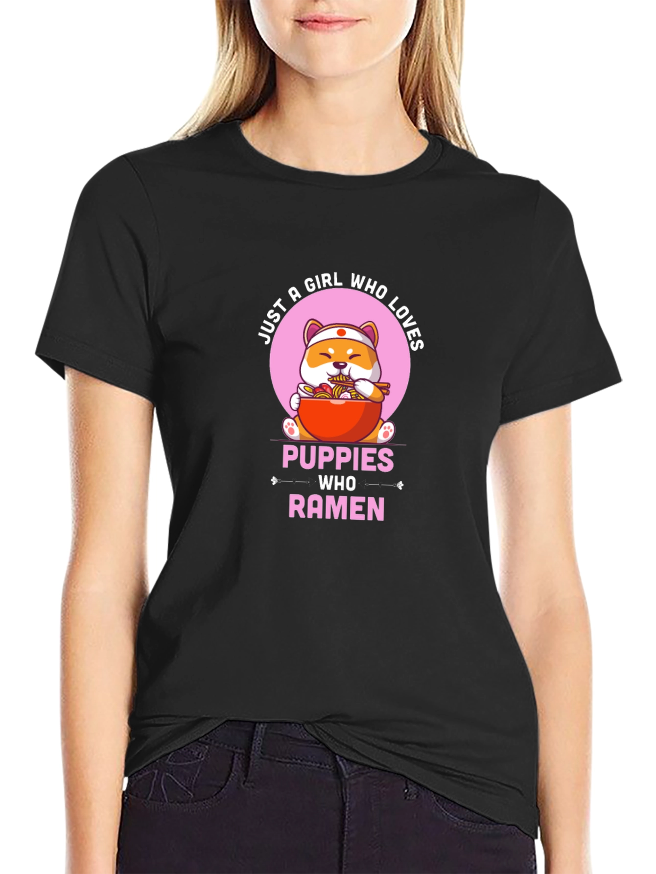 Puppies Who Ramen Black T-Shirt