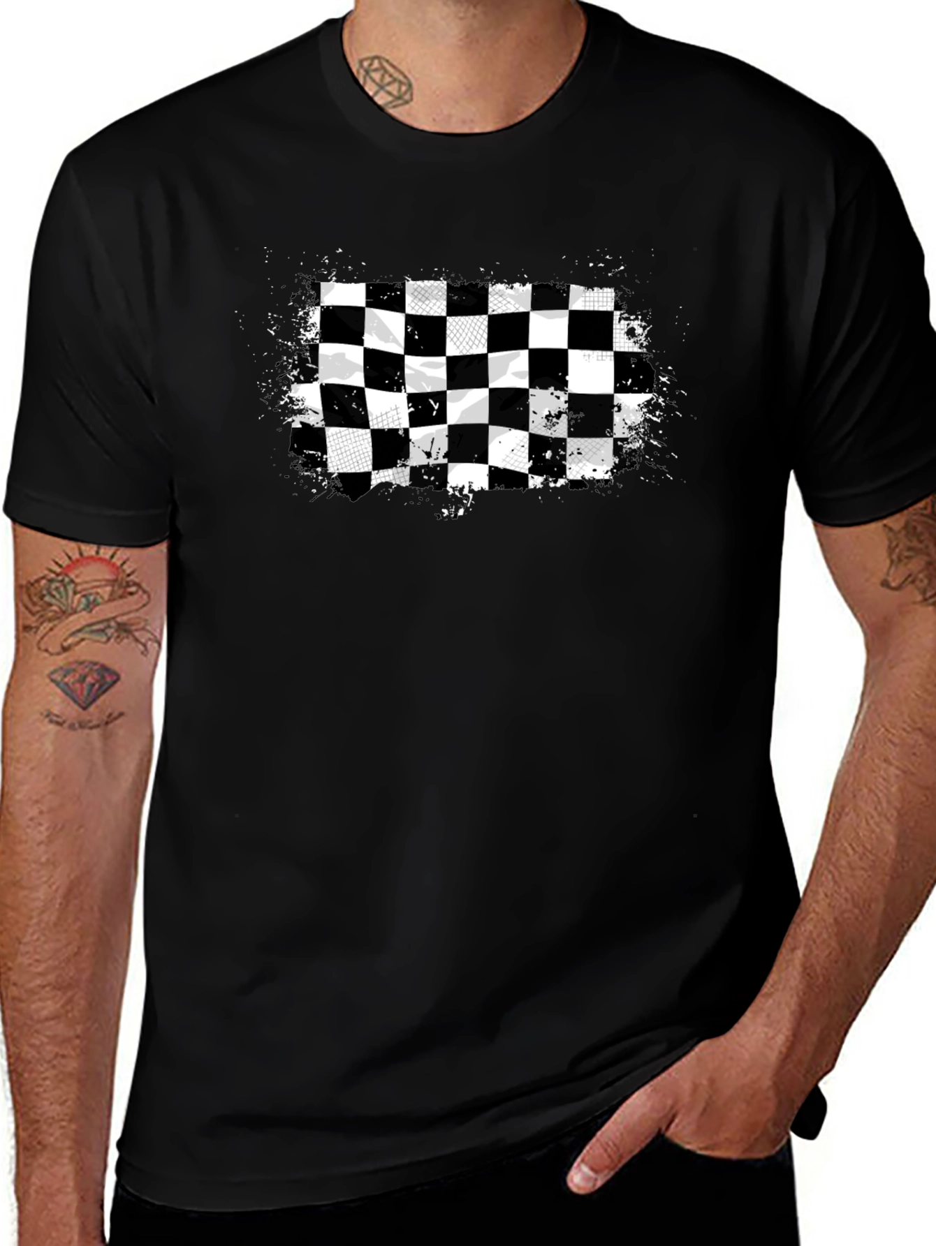 Checkered Flag Graphic Tee - Black Cotton T-Shirt