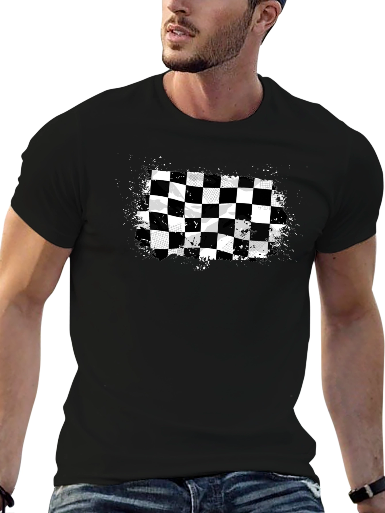 Checkered Flag Graphic Tee - Black Cotton T-Shirt