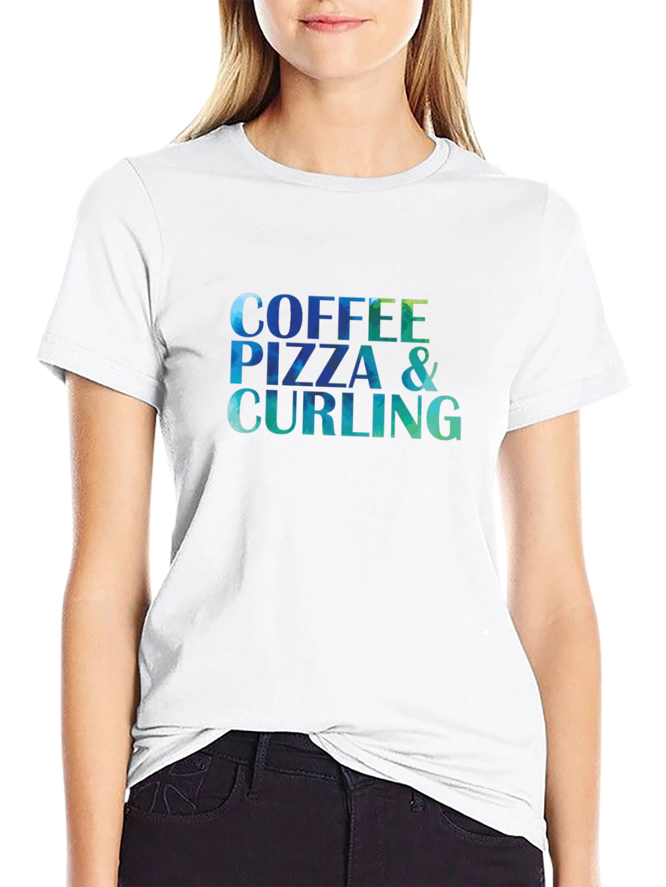 Coffee Pizza & Curling T-Shirt - Fun Graphic Tee