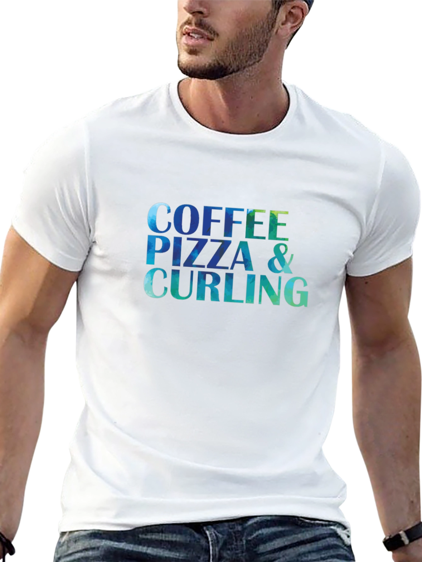 Coffee Pizza & Curling T-Shirt - Fun Graphic Tee