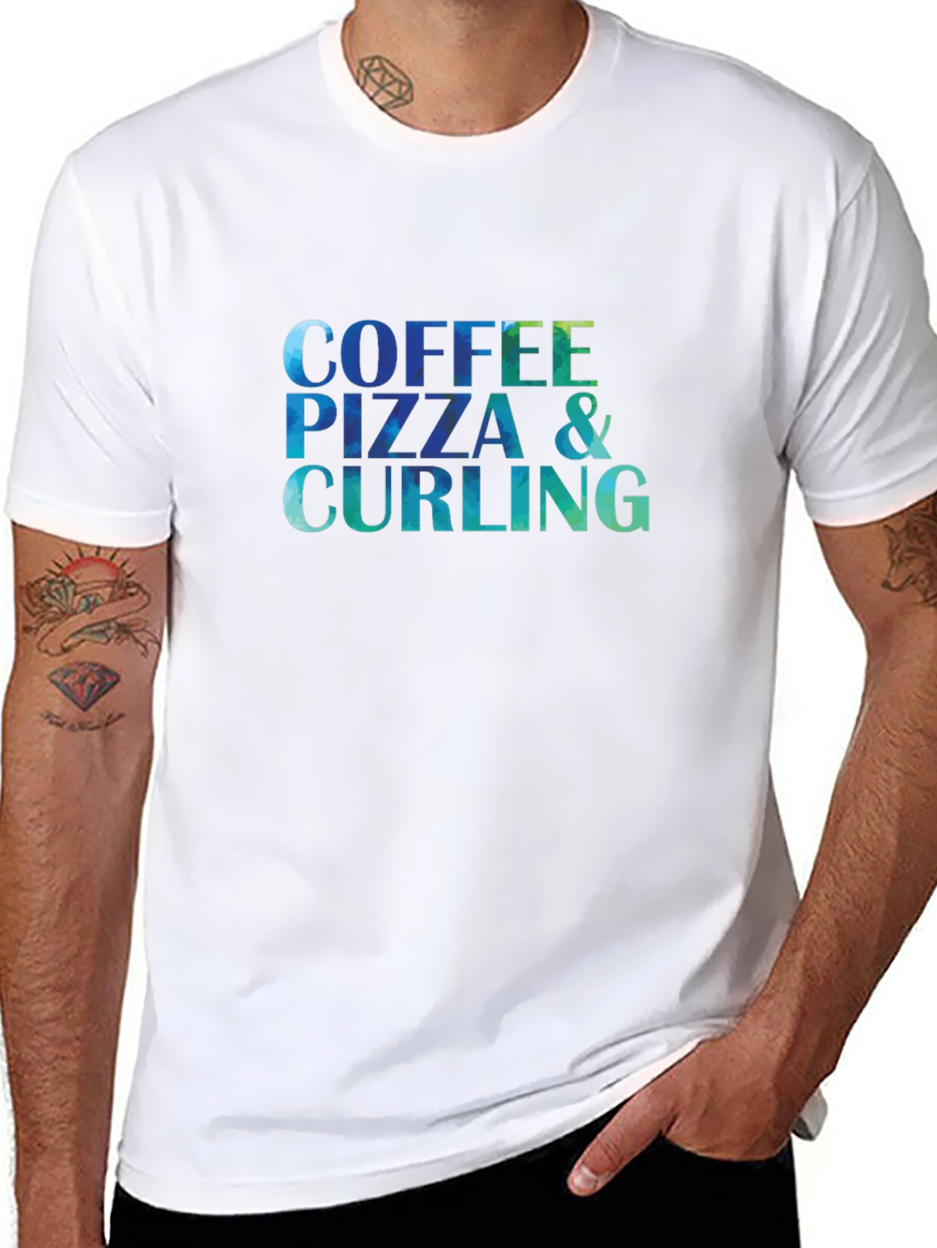 Coffee Pizza & Curling T-Shirt - Fun Graphic Tee