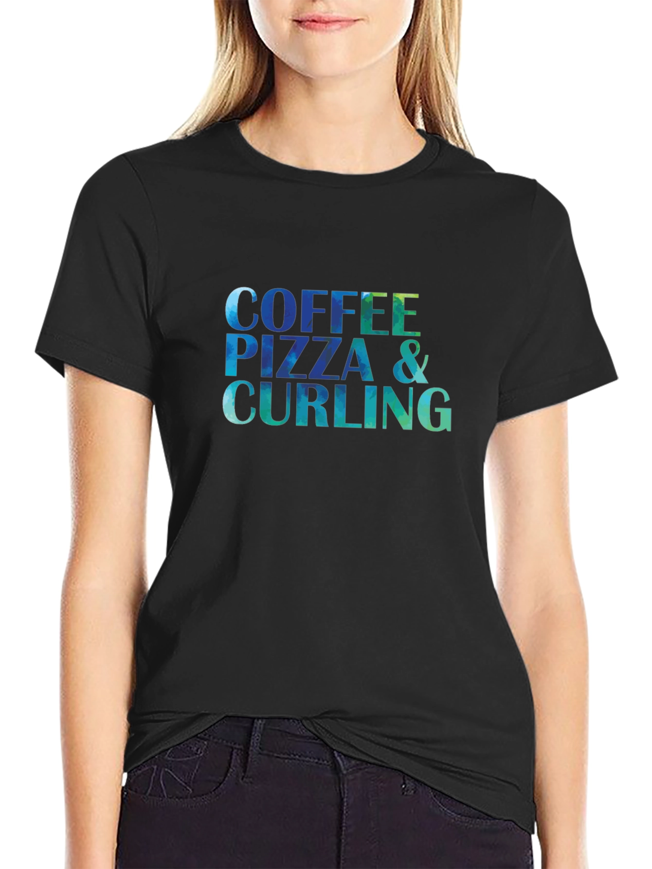 Coffee Pizza & Curling T-Shirt - Fun Graphic Tee