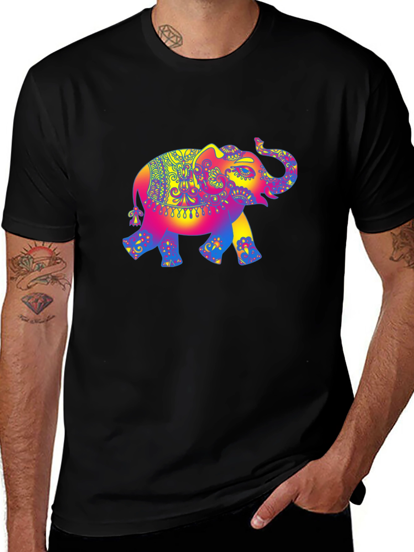Psychedelic Elephant Graphic Tee - Black Cotton T-Shirt