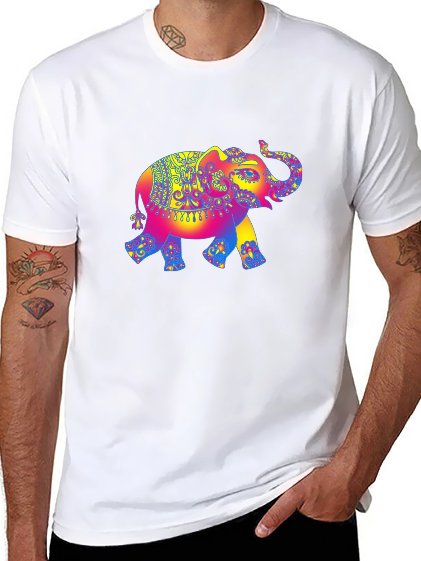 Psychedelic Elephant Graphic Tee - Black Cotton T-Shirt
