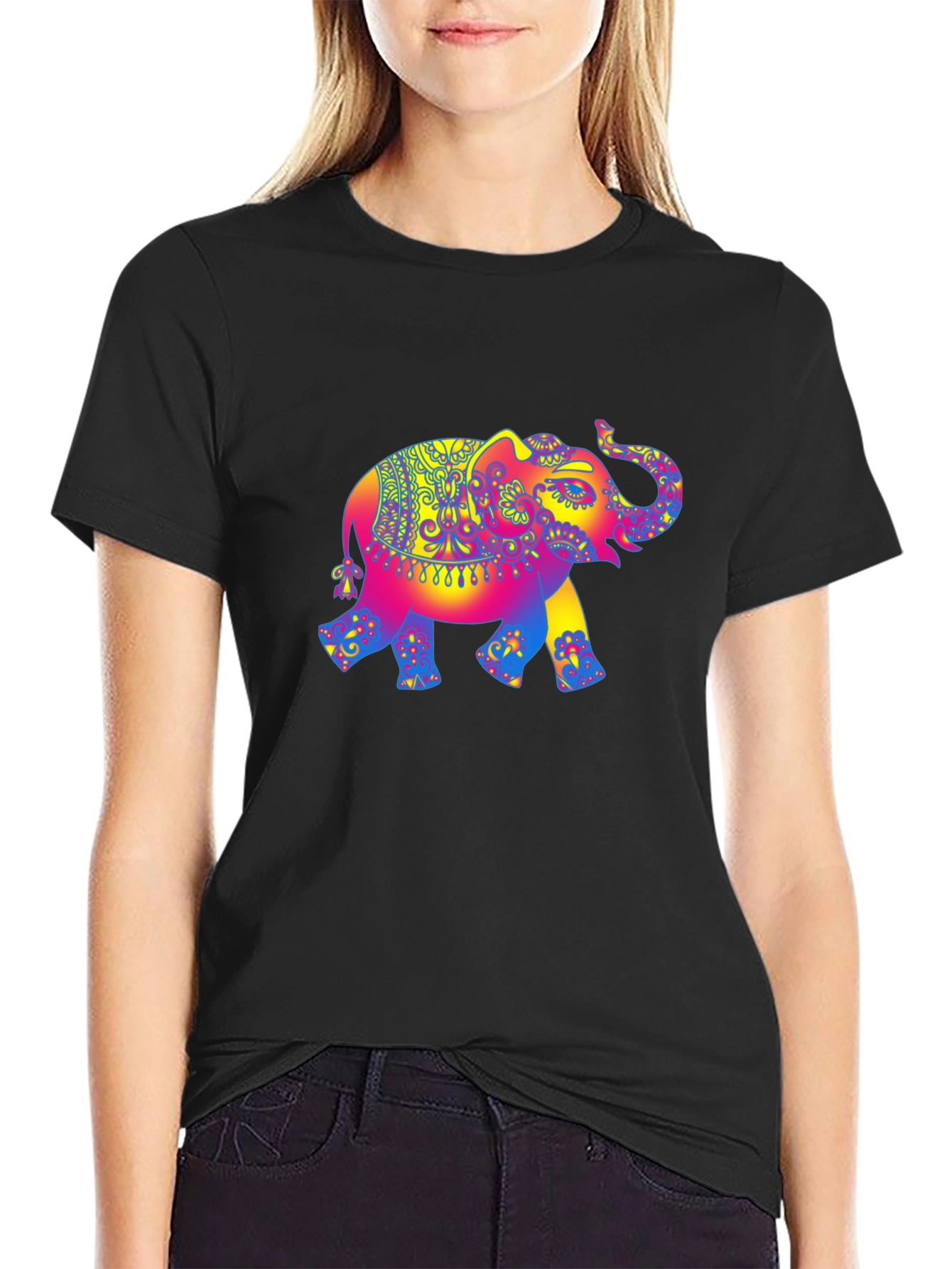Psychedelic Elephant Graphic Tee - Black Cotton T-Shirt