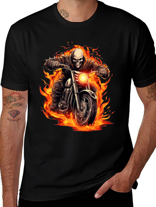 Fiery Rider Graphic Tee - Skull on Motorcycle T-Shirt