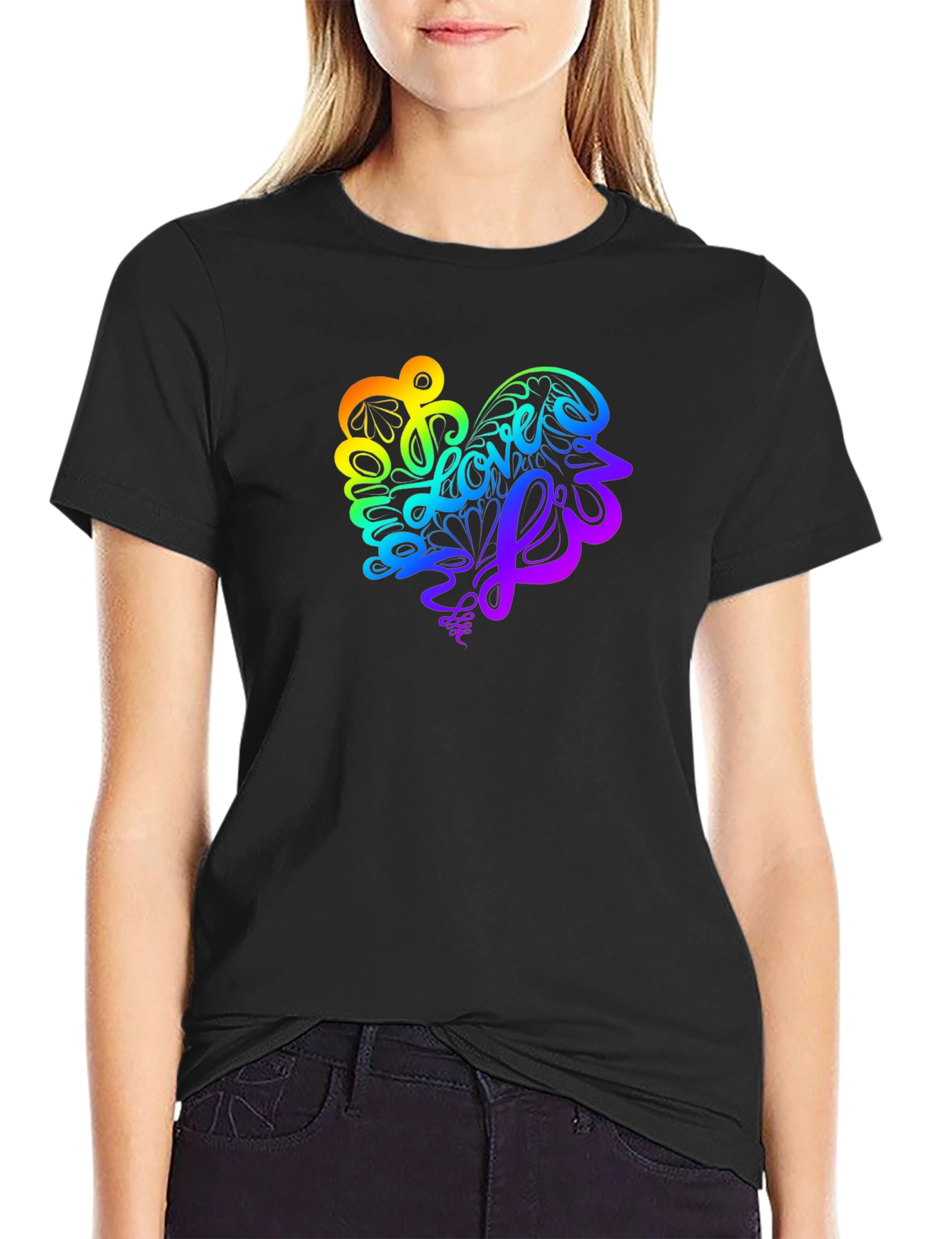 Rainbow Love Heart Graphic Tee - Stylish Black T-Shirt