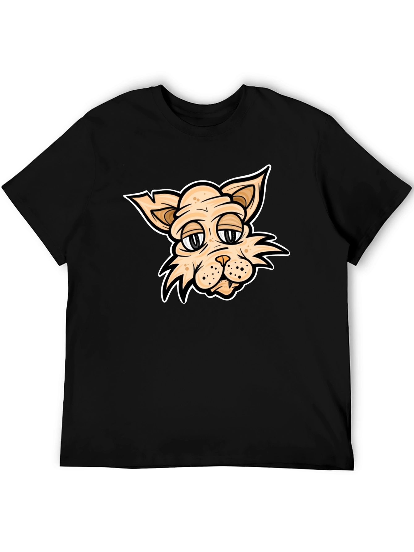 Cartoon Cat T-Shirt - Black Crew Neck