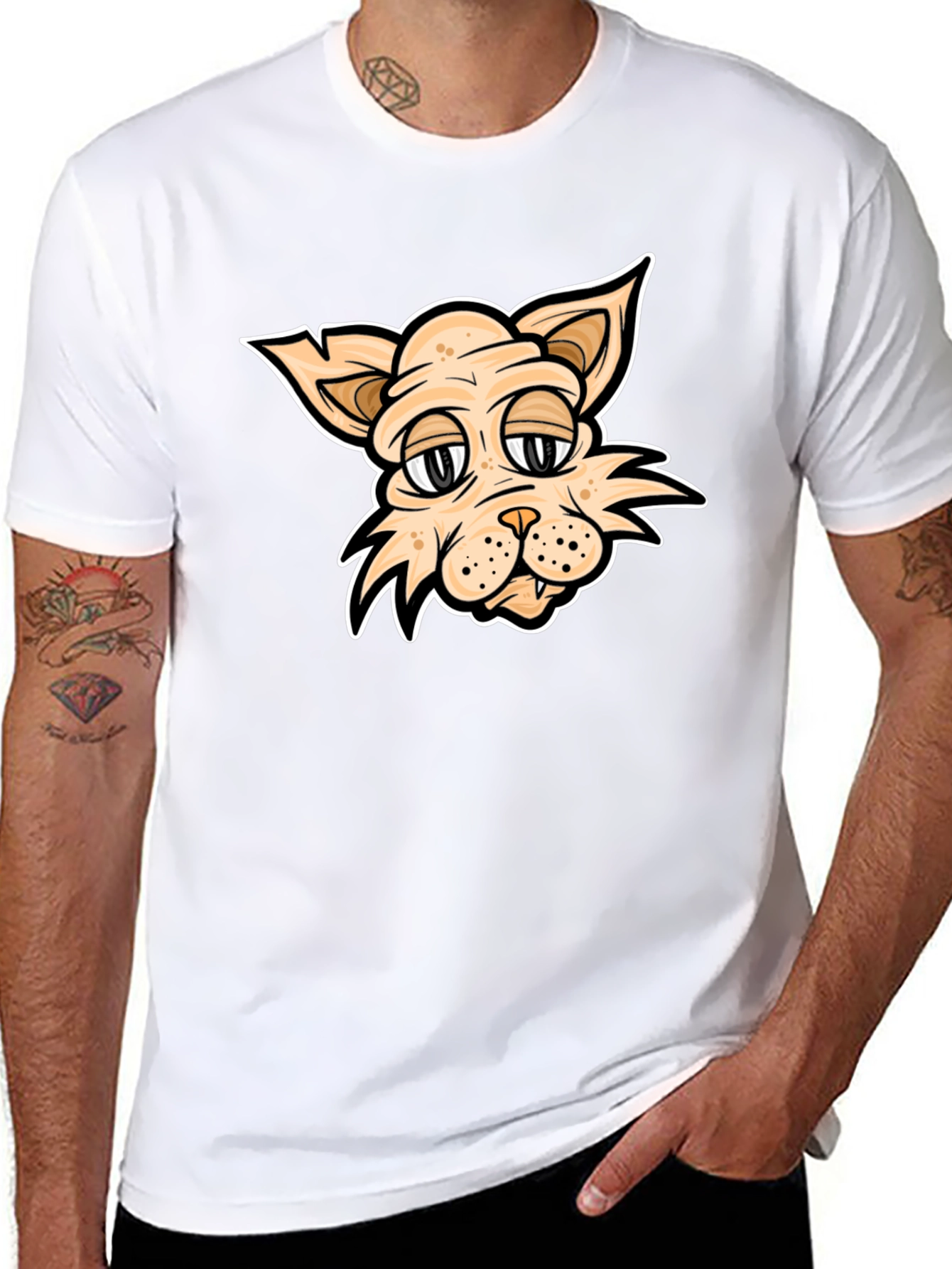 Cartoon Cat T-Shirt - Black Crew Neck