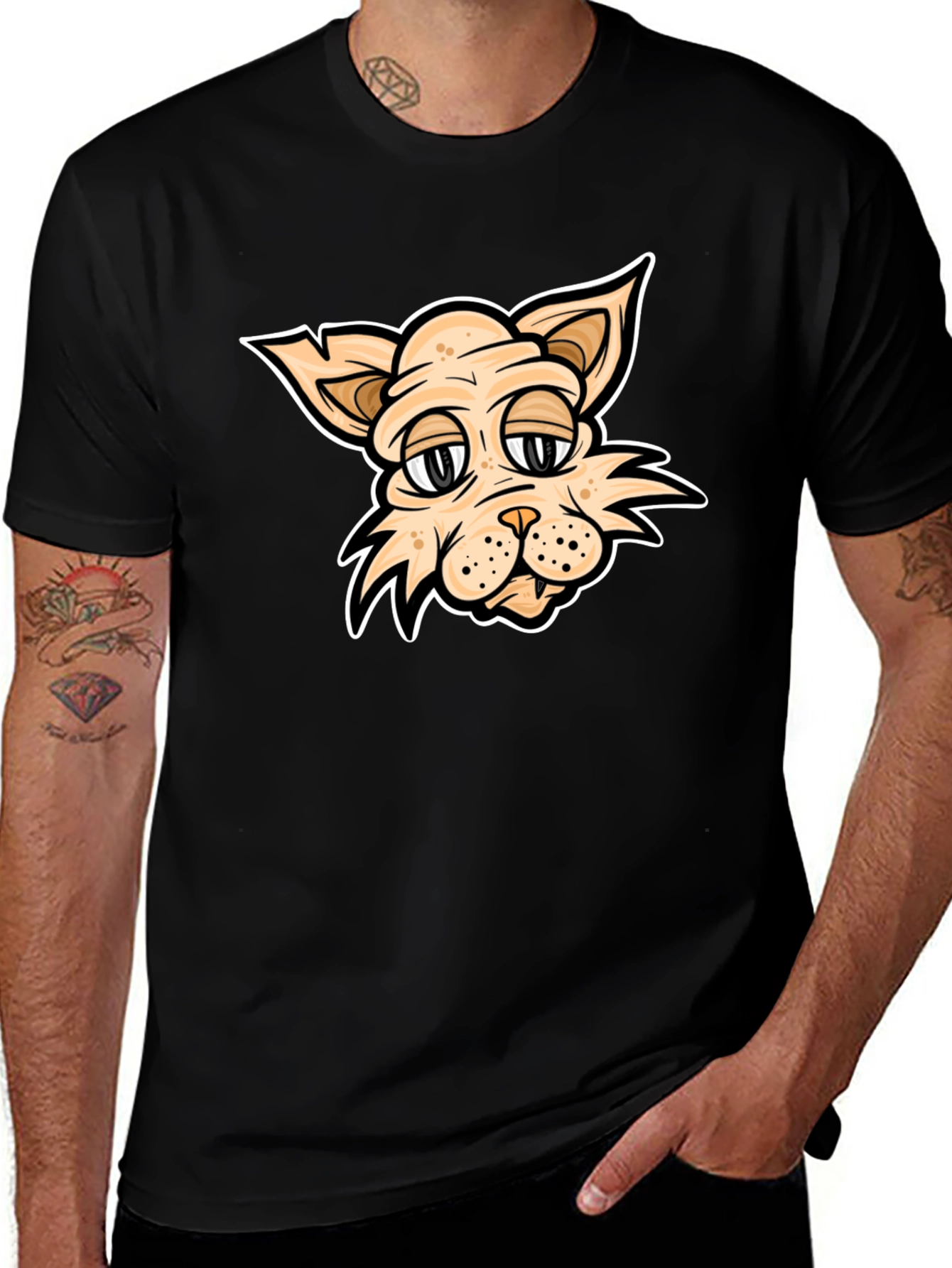 Cartoon Cat T-Shirt - Black Crew Neck