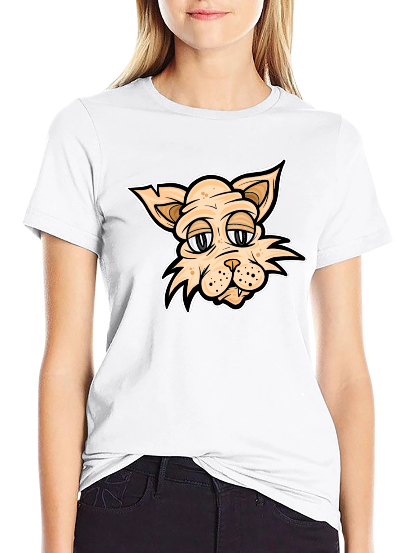 Cartoon Cat T-Shirt - Black Crew Neck