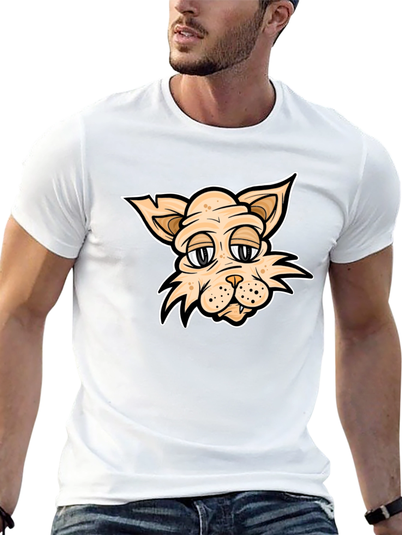 Cartoon Cat T-Shirt - Black Crew Neck
