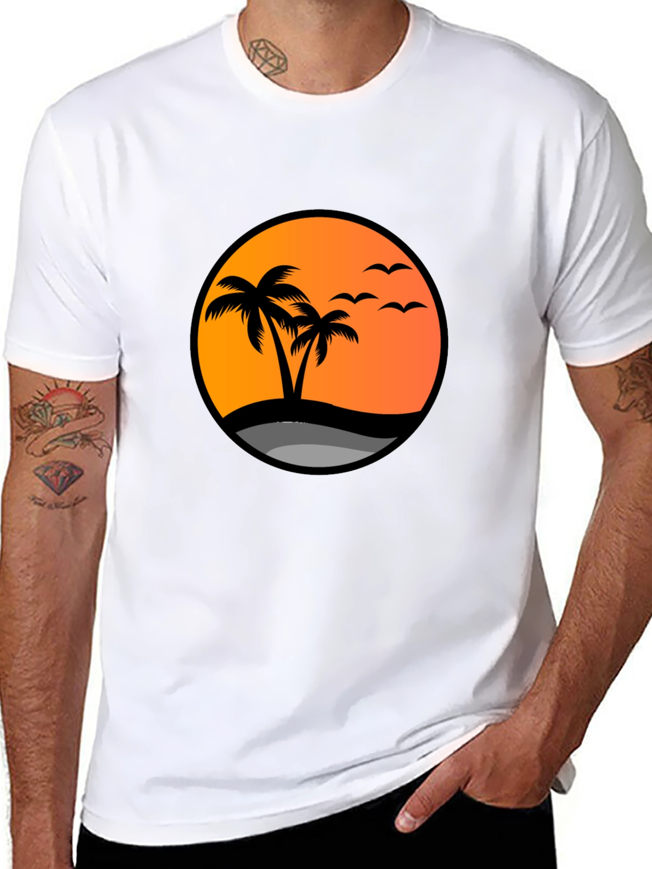 Sunset Palm Tree Graphic Tee - Black