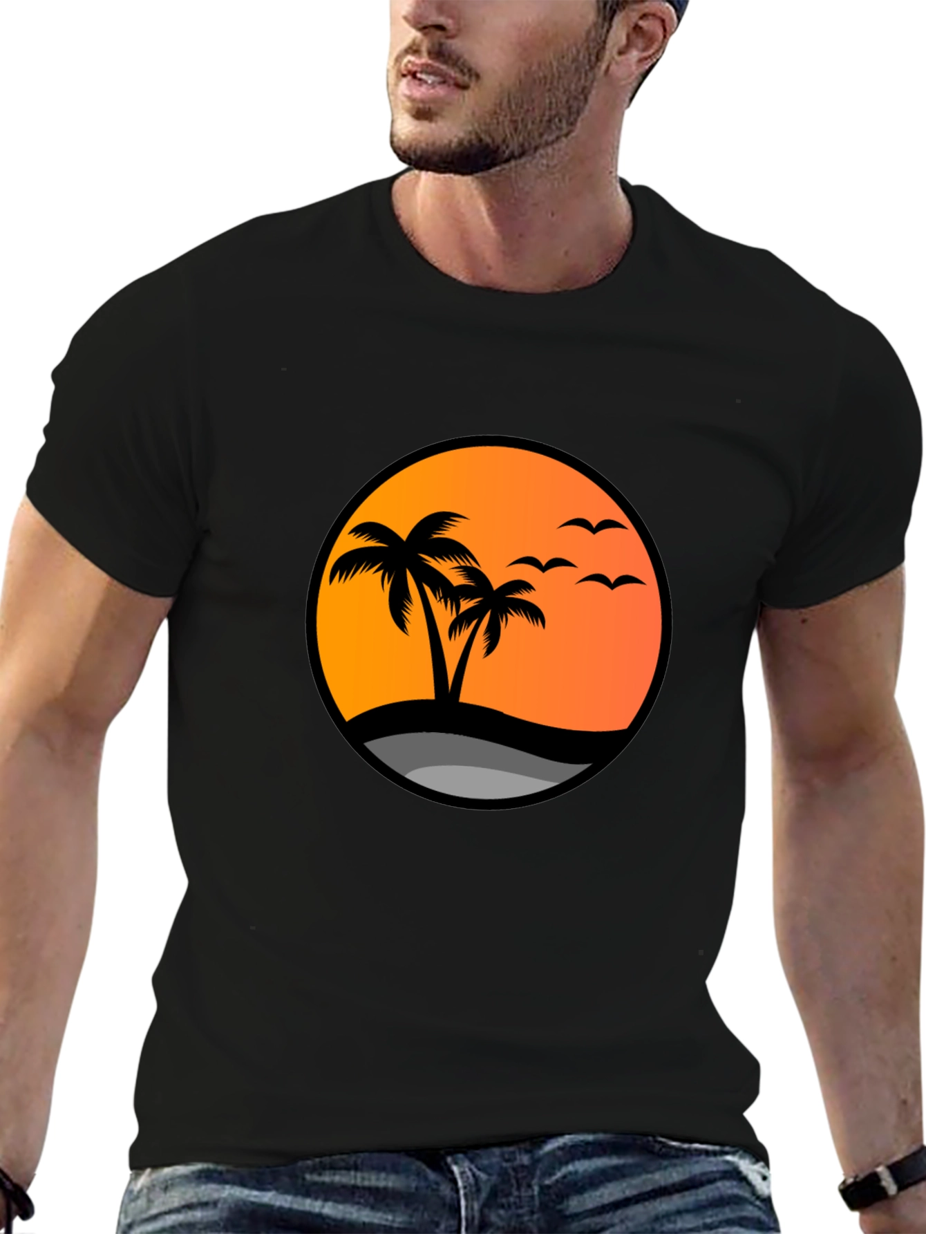 Sunset Palm Tree Graphic Tee - Black