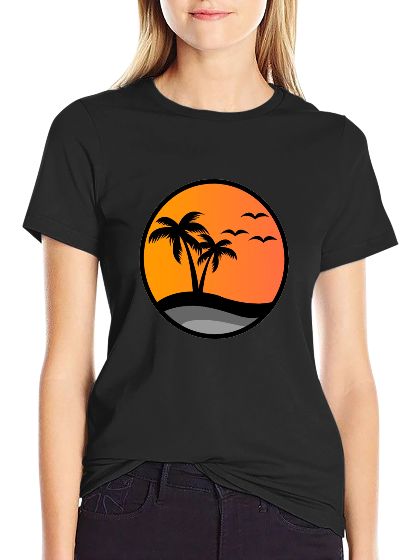 Sunset Palm Tree Graphic Tee - Black