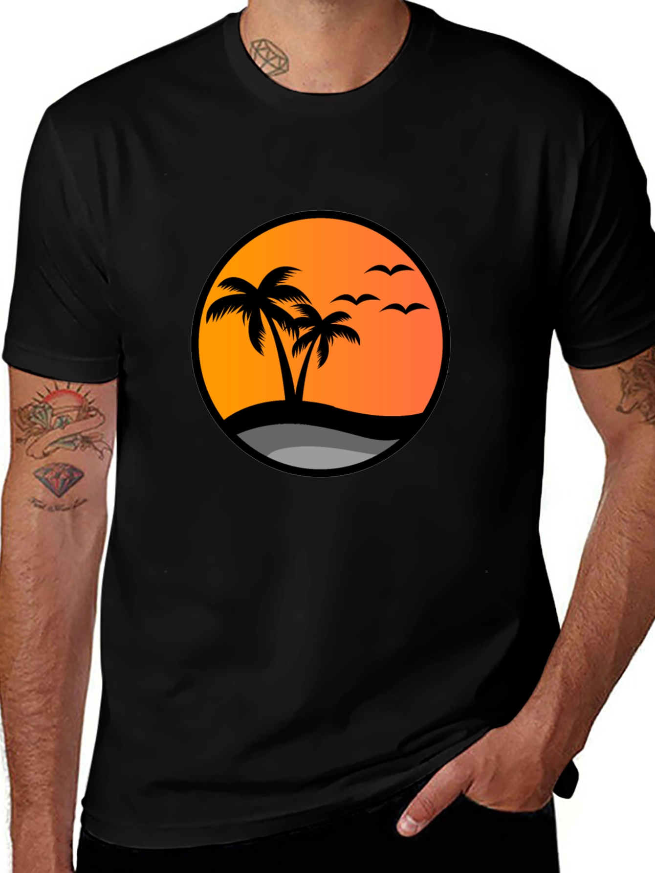 Sunset Palm Tree Graphic Tee - Black