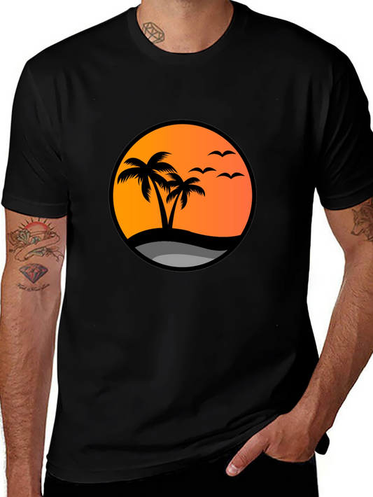 Sunset Palm Tree Graphic Tee - Black