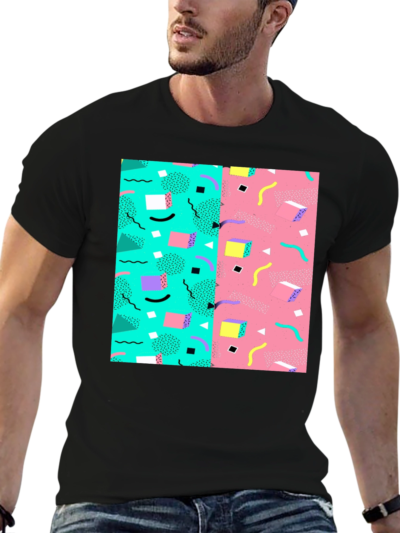 Retro 90s Pattern T-Shirt - Black Cotton Tee