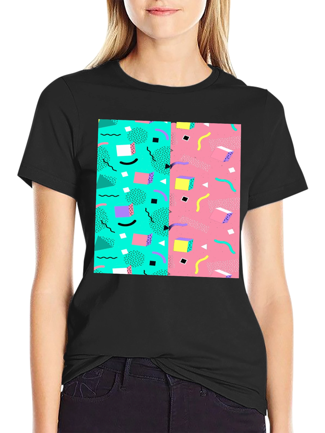 Retro 90s Pattern T-Shirt - Black Cotton Tee