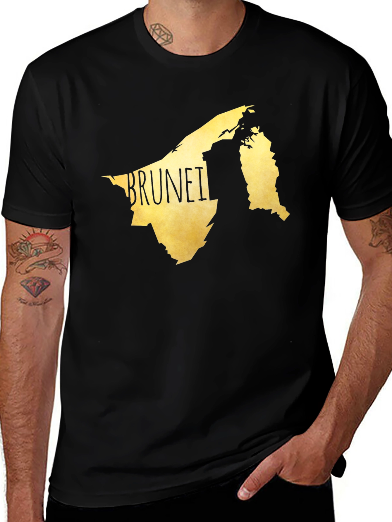 Brunei Map Graphic Tee - Black Cotton Casual T-Shirt