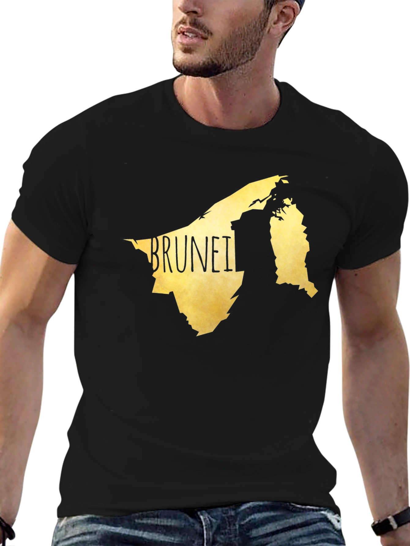 Brunei Map Graphic Tee - Black Cotton Casual T-Shirt