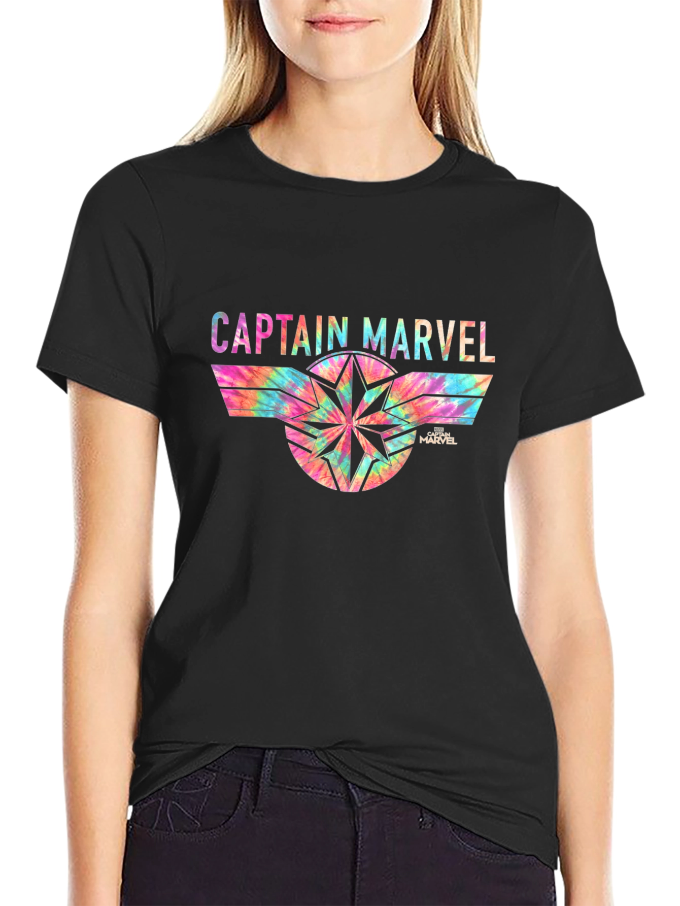 Captain Marvel Tie-Dye Graphic Black T-Shirt