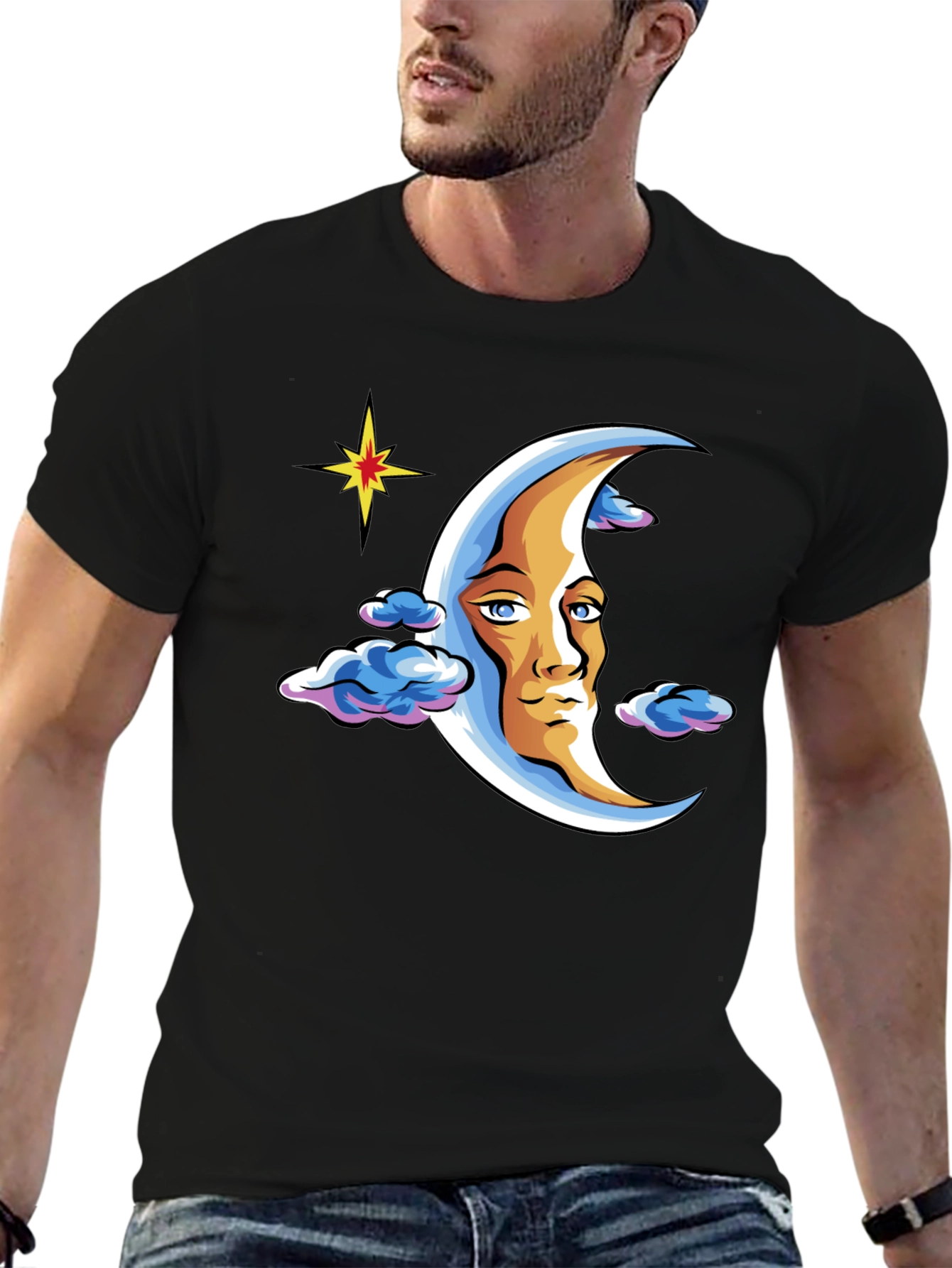 Moon Man Graphic T-Shirt - Black Crew Neck Tee
