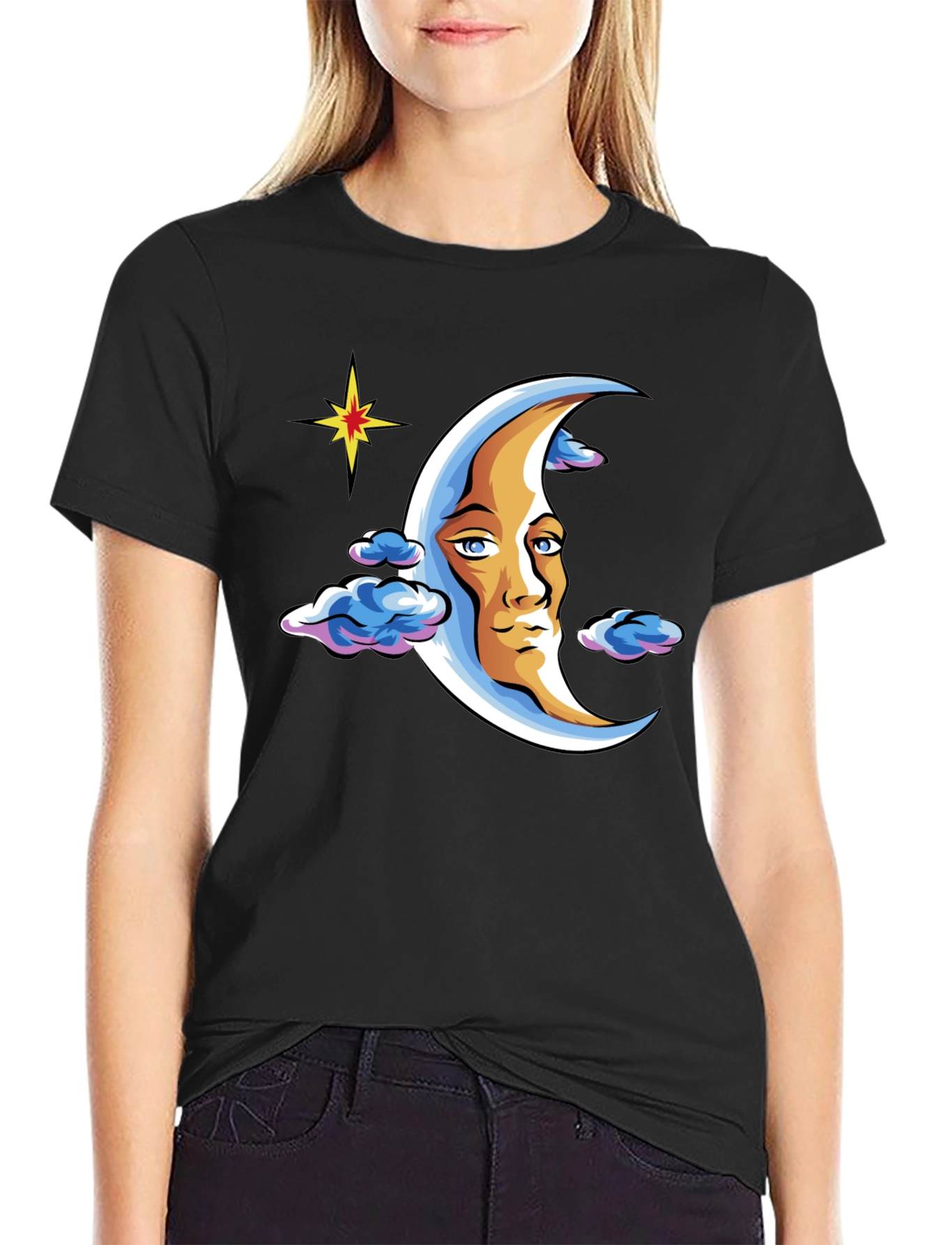 Moon Man Graphic T-Shirt - Black Crew Neck Tee