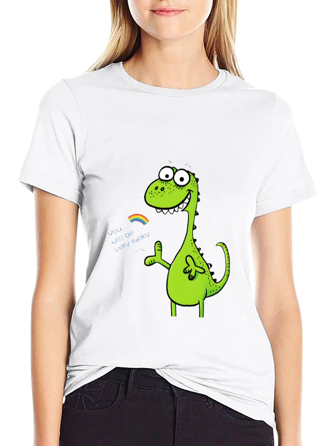 Lucky Dinosaur Graphic Tee - Black Cotton Blend