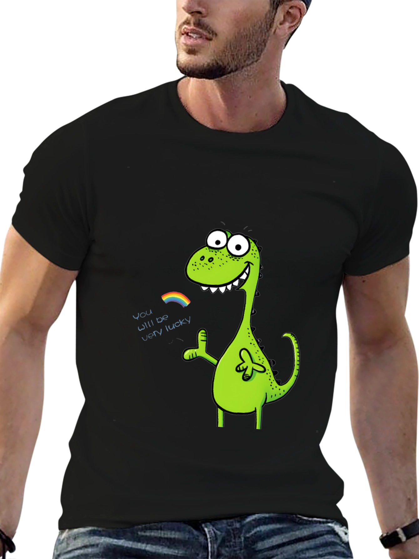 Lucky Dinosaur Graphic Tee - Black Cotton Blend