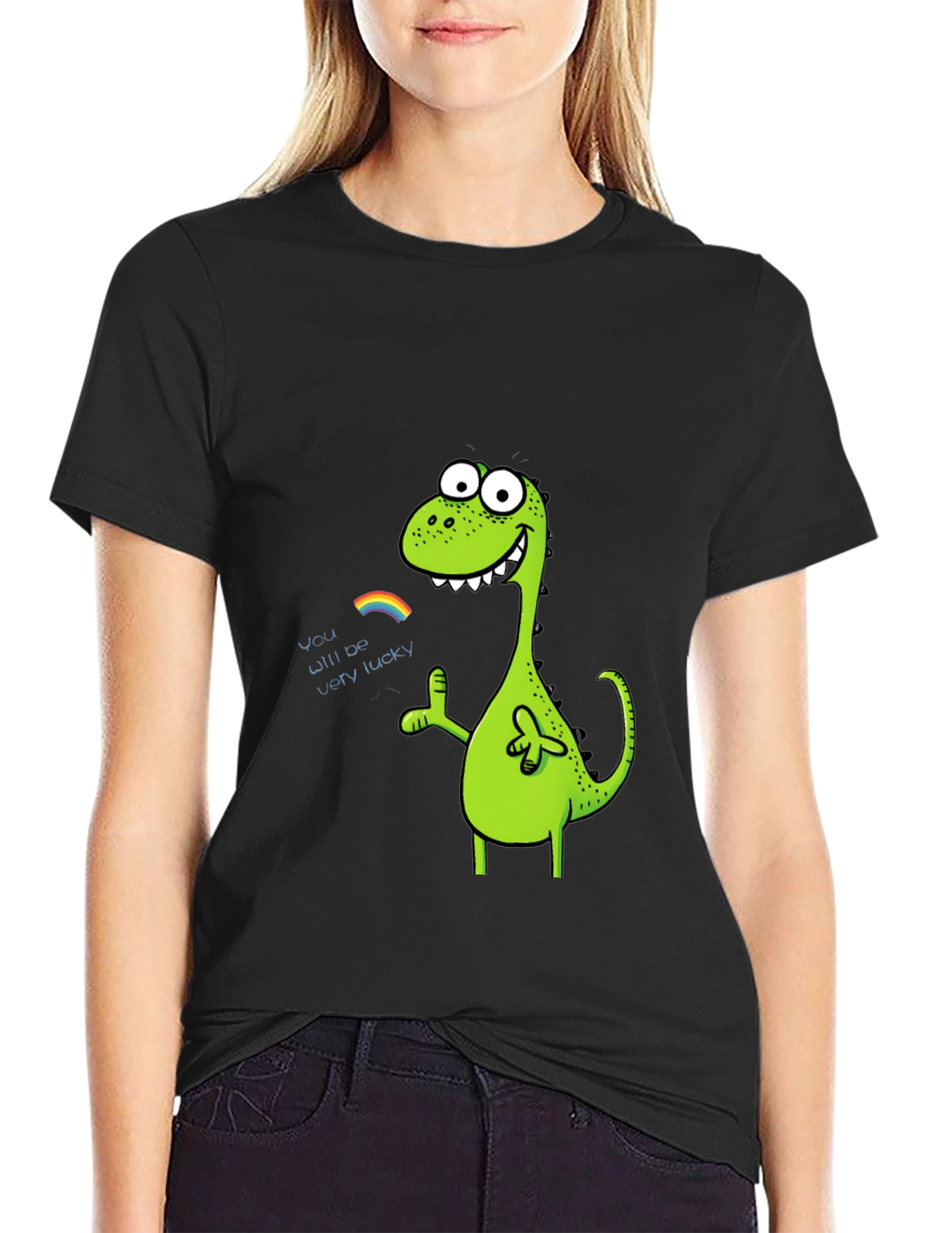Lucky Dinosaur Graphic Tee - Black Cotton Blend