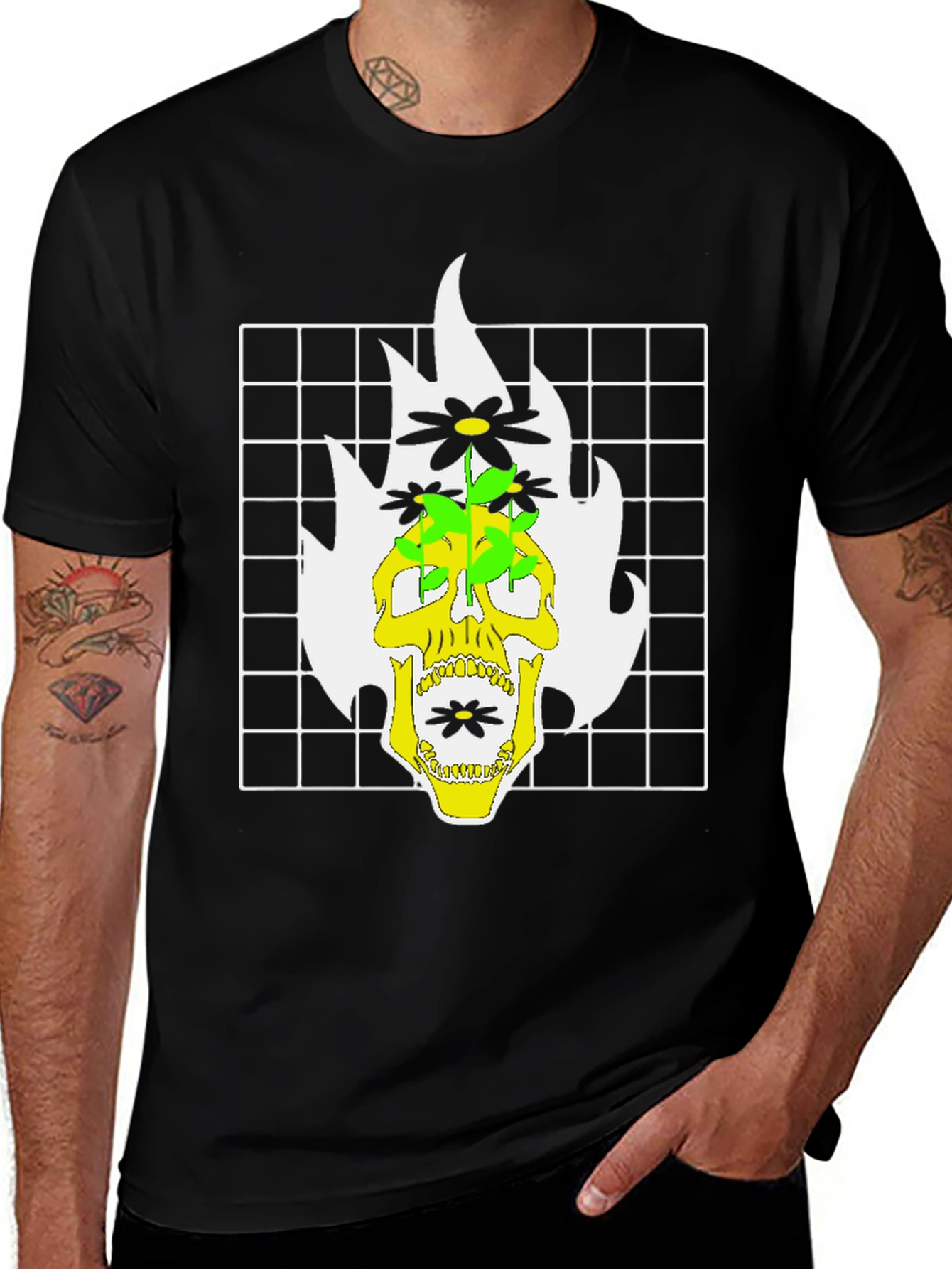 Skull & Flowers Graphic Print T-Shirt - Black